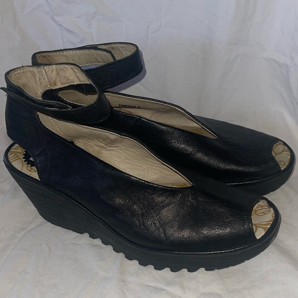 Fly London Black Leather Wedge Shoes with hook and loop ankle strap size 11